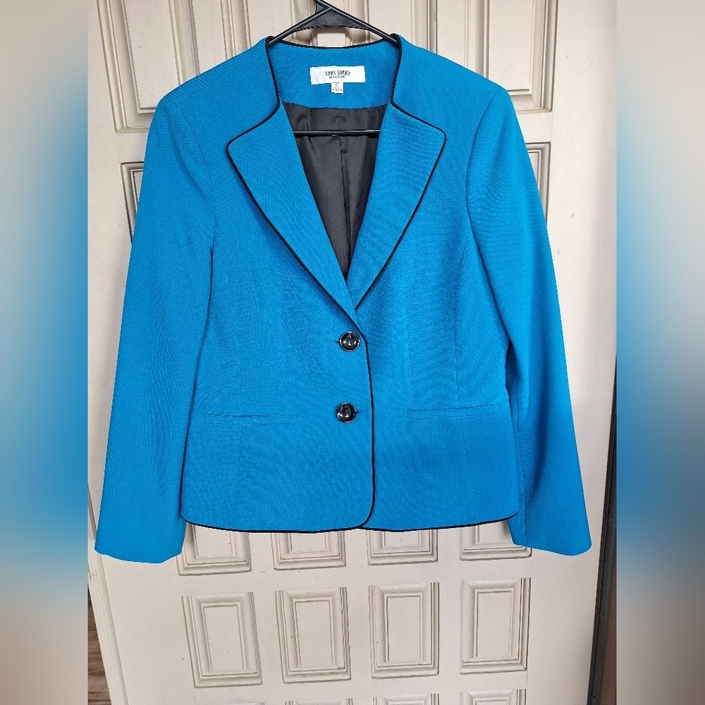 Jones Studio Separates Women's Blue Blazer Sz10 Contrast Piping Lined